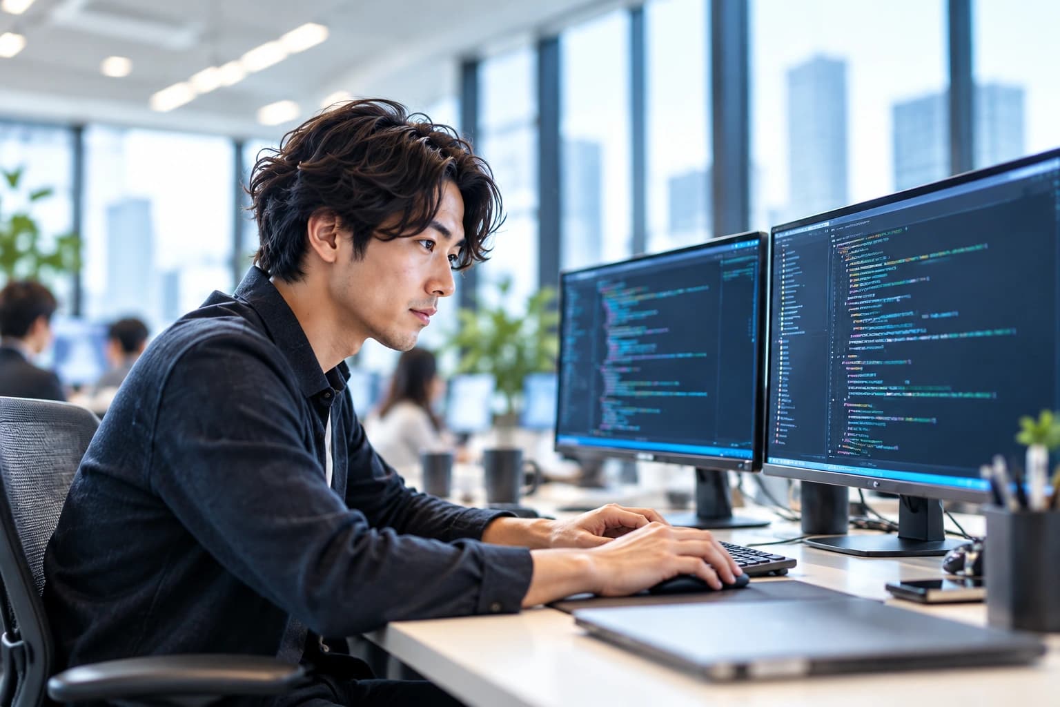 Kỹ sư IT đang xem màn hình phát triển